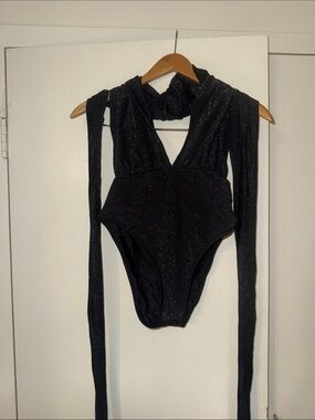 SHEIN Black Sparkle Deep-V Long-Sleeve Bodysuit